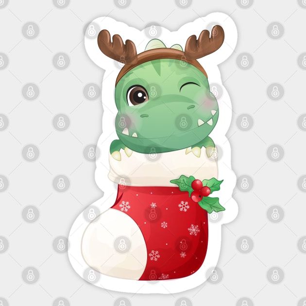 Cute Christmas T Rex Dinosaur In Stocking Sticker by P-ashion Tee